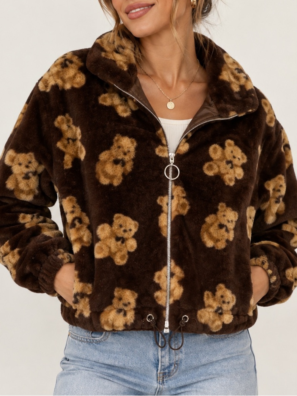 KYOYO Teddy Bear Faux Fur Jacket Brown Plush Cropped Y2K Zip Coat Size Medium
